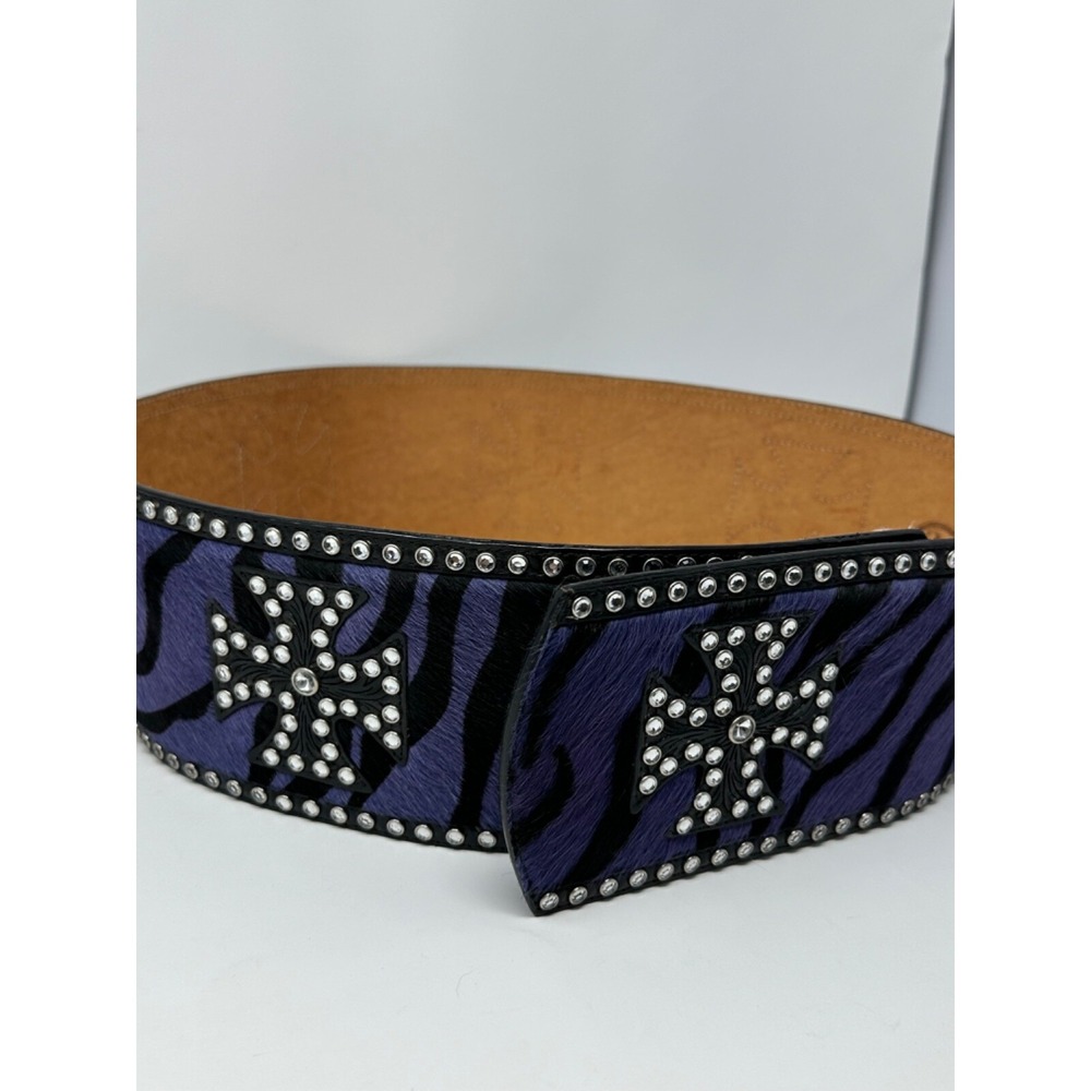 3D Women's Belt Hand Loomed Leather 4" Sz XL Hook Loop Purple/Black Zebra Fur E8